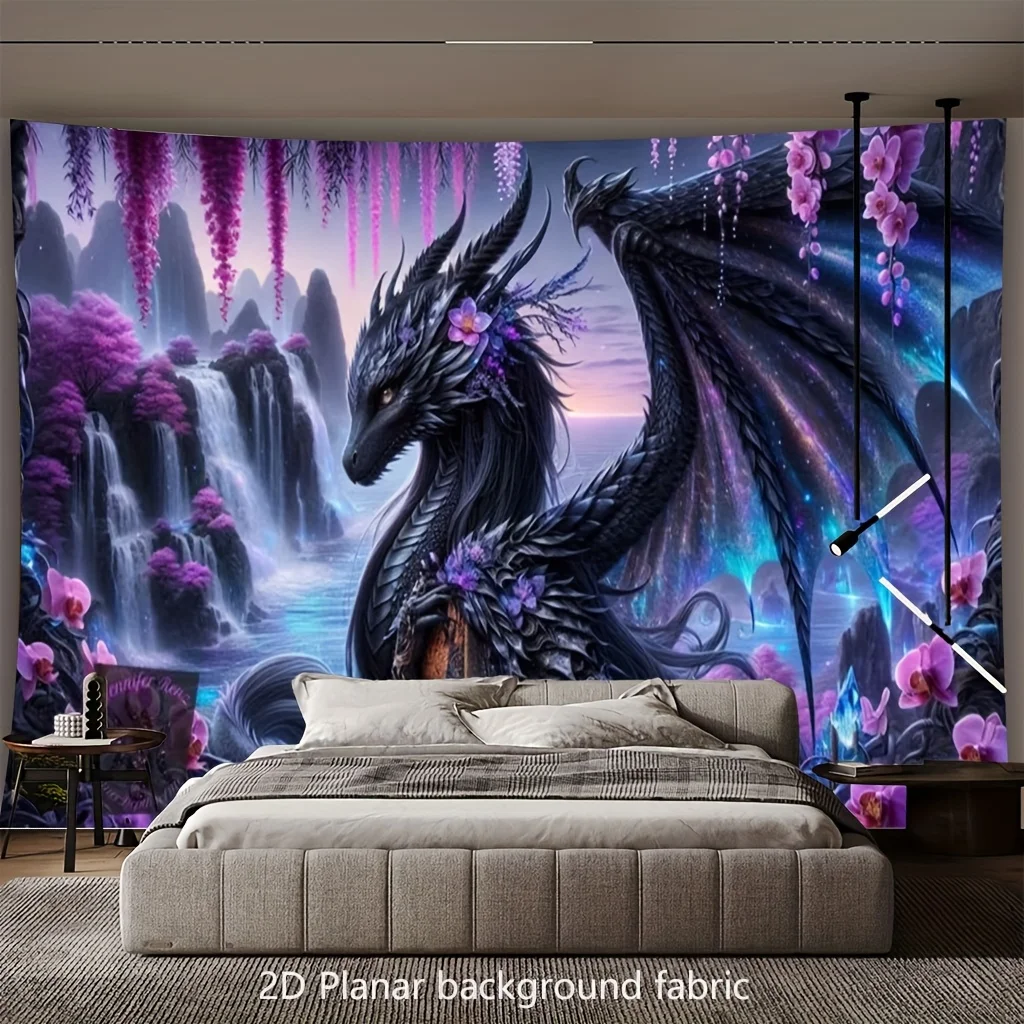 VIKAMA Fantasy Black Dragon Tapestry Purple Floral Waterfall Wall Hanging Myth Creature Aesthetic Dorm Bedroom Wall Decor