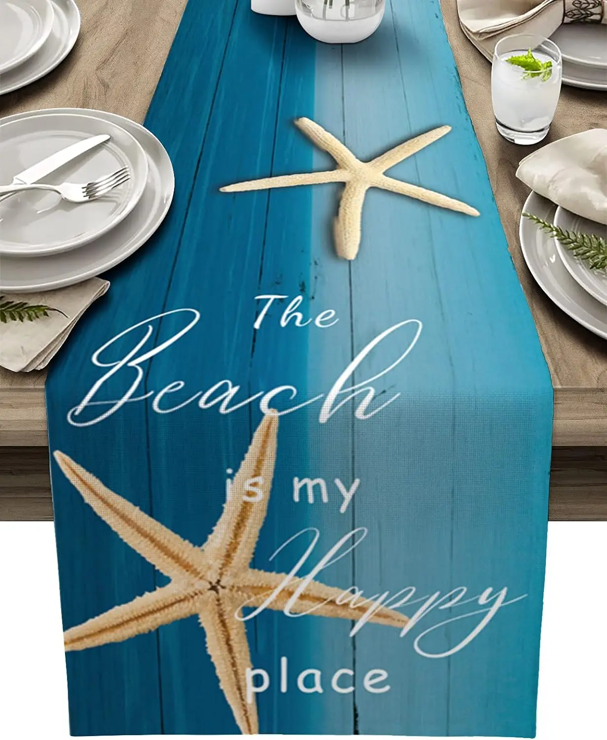 

The Beach Is My Happy Place Summer Linen Table Runners Starfish Wooden Blue Dresser Scarves for Family Party Dining Table Decor