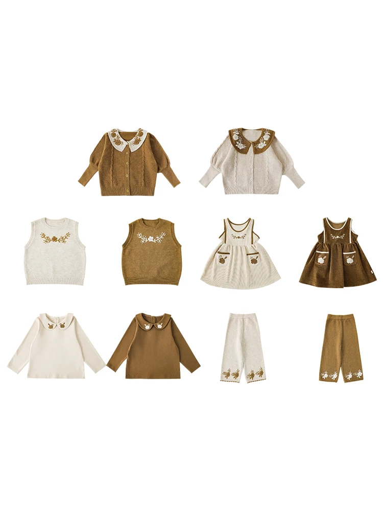 Girls\' Autumn Set lapel Sweater Cardigan coat Embroidery Dress vest pants sets Fashion