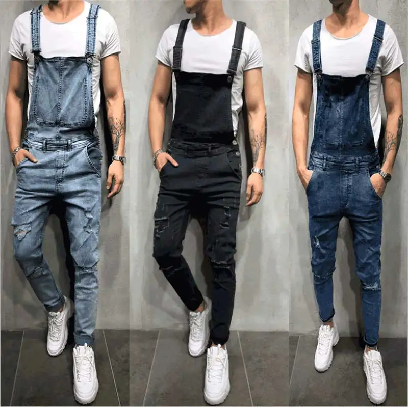 Fashion Mens Ripped Jeans Rompers Casual with belt Jumpsuits Hole Denim Bib Overalls Bike Jean