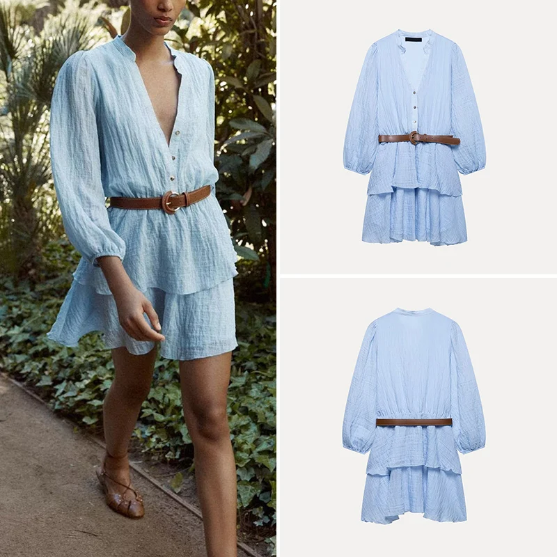 Vestido com Decote em V e Cinto Decoração em Camadas Primavera 2025 Nova Moda Fena Z Fibra de Poliéster 00% Peça Única