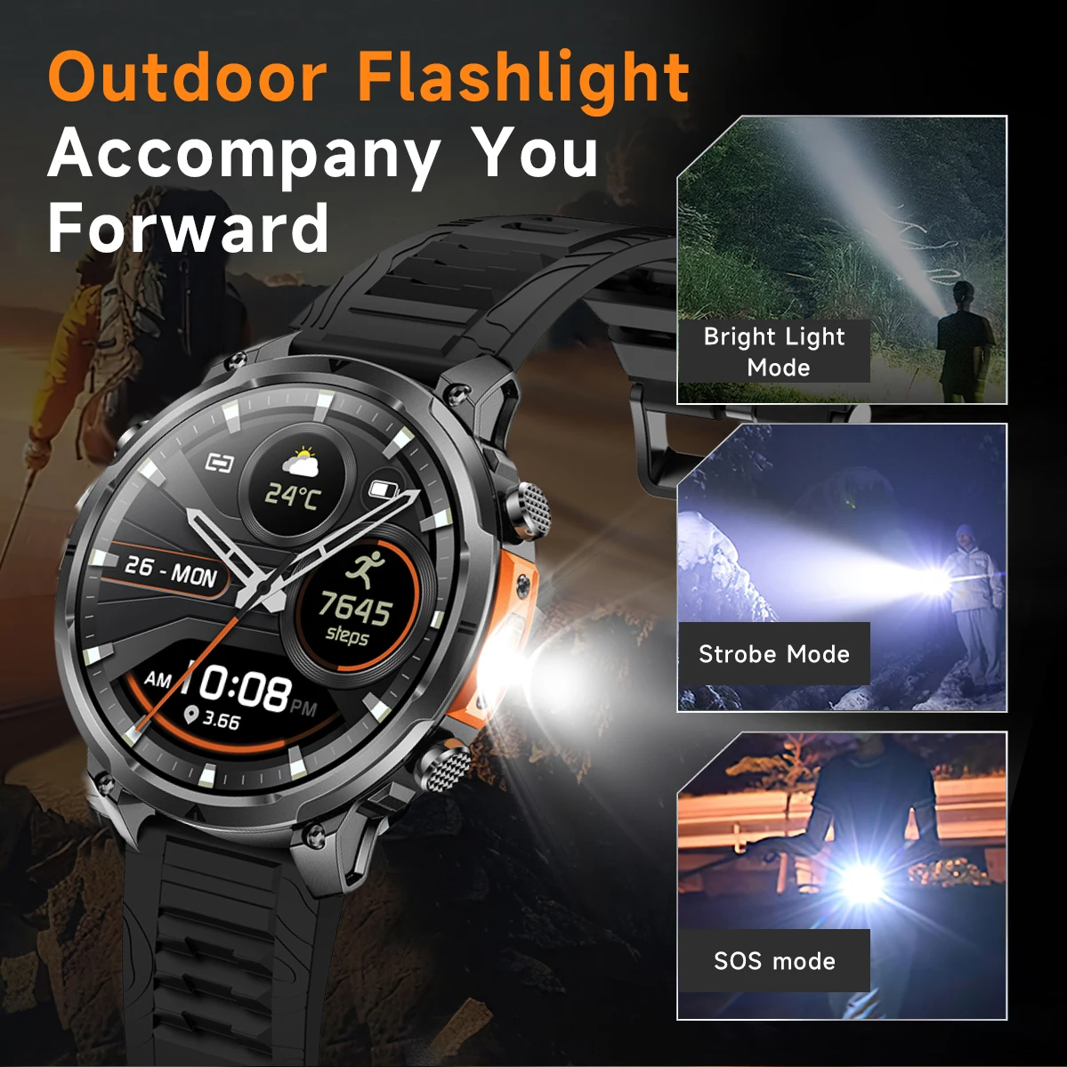 Militar robusto gps relógio inteligente lanterna led bússola gps embutida altímetro barométrico 1.85 polegadas tela amoled 10atm waterproo