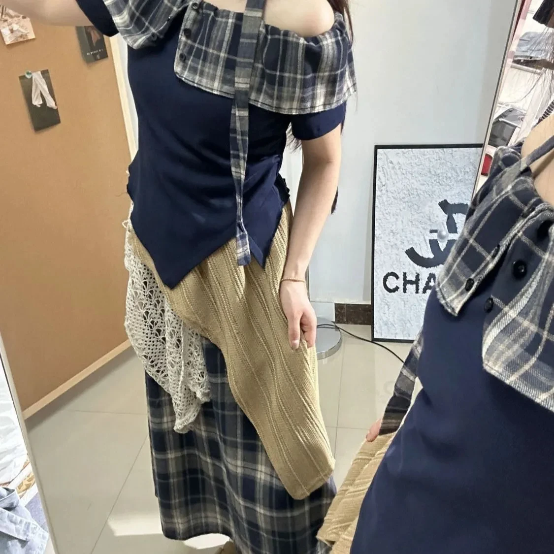 Slash Neck Plaid Ha…