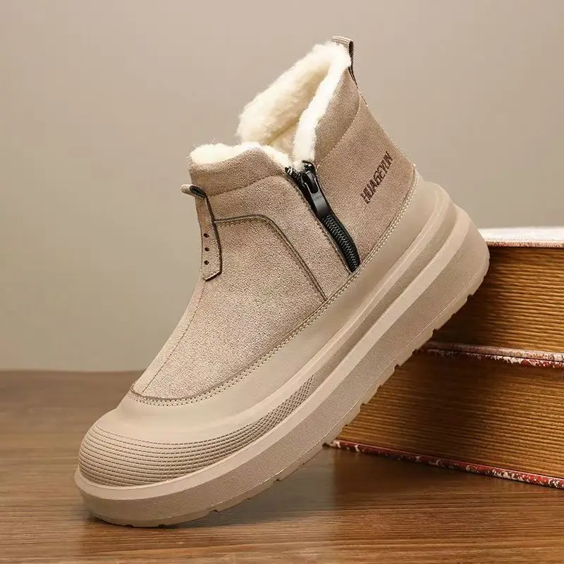 

Мужские зимние новые кожаные высокие ботинки на молнии, с толстой нескользящей подошвой, утепленные плюшем, теплые хлопковые ботинки для активного отдыха и походов