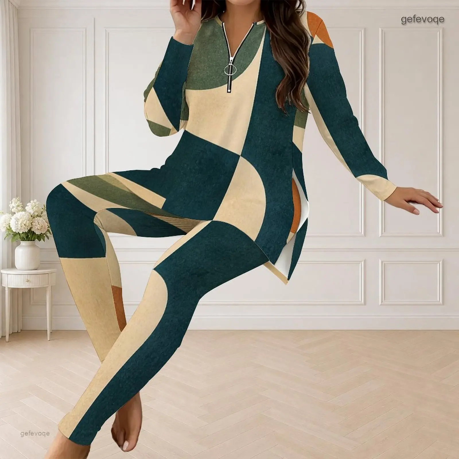 Fall Graphic Print Plus Size Sets Women V Neck Curved Color Block Plus Size Clothes Womens Clothing For Loungewear Casual