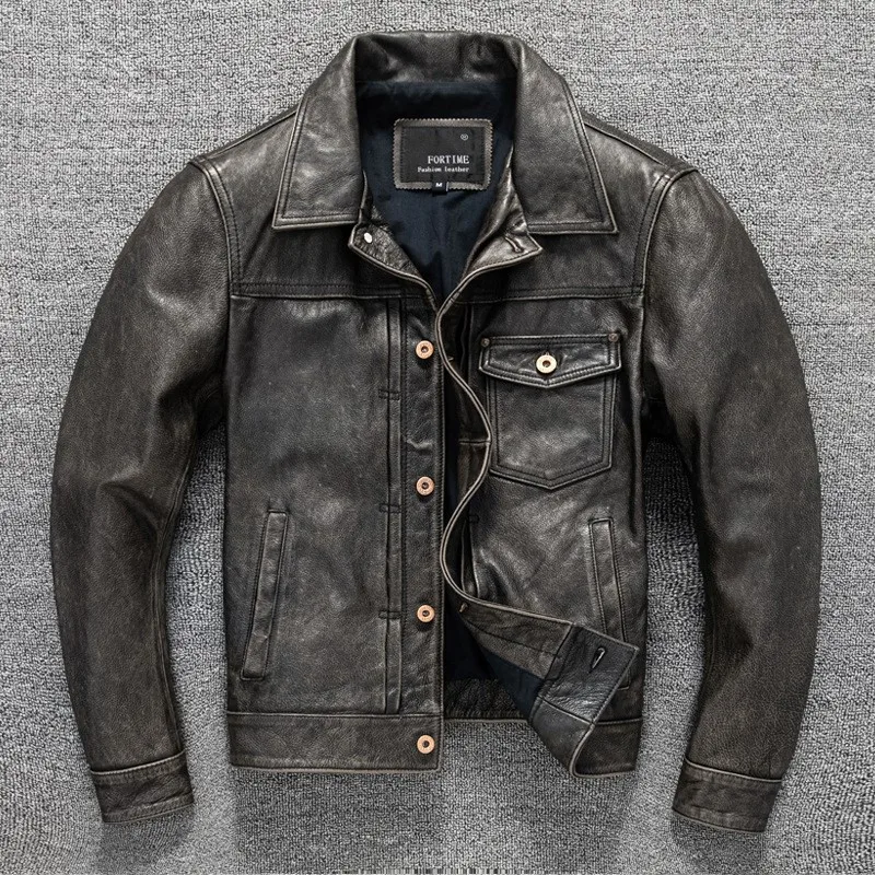 

Men's short coat made of stone-ground top layer cowhide leather and