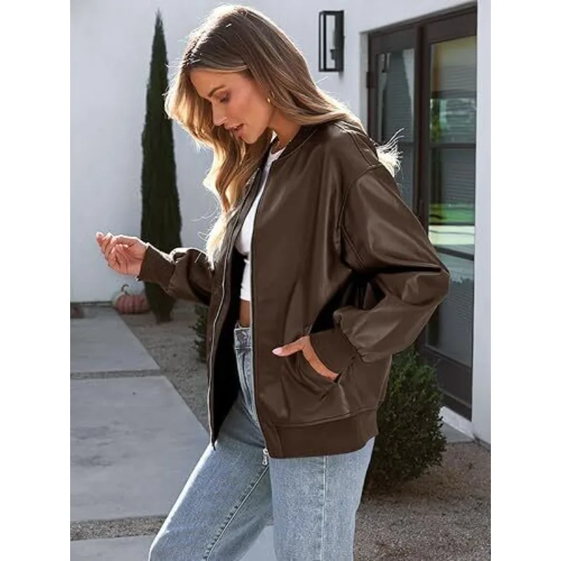 Winter Outdoor Brown Leather Jacket Women's 100% Authentic Lambskin Bomber Style