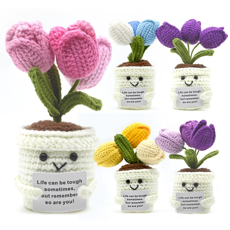 Plant Series Positive Energy Tulip Crochet Doll, Handmade Knitted Potted Plant Hug with Encouragement Card, Mini Desk Decor Gift