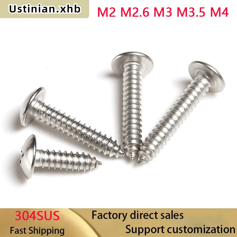 

M2 M2.6 M3 M3.5 M4 304 Stainless Steel Self-tapping Truss Screws Round large Flat Round Head Cross Mushroom Phillips Screws