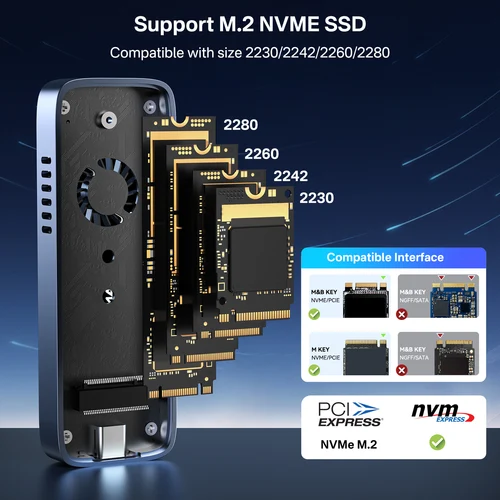 Imagen 2 del producto ACASIS 10Gbps USB-C 3,1 M.2 NVMe SSD carcasa para 2280/60/42/30 tamaño pequeño incorporado versión de ventilador para iPhone 12/Mac