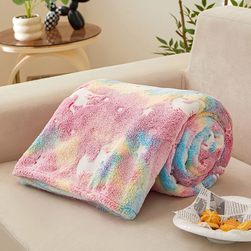 Cartoon Flying Horse Unicorn Luminous Blanket Soft Flannel Fluorescent Shawl for Office Nap Warm Fluffy Blankets for Children