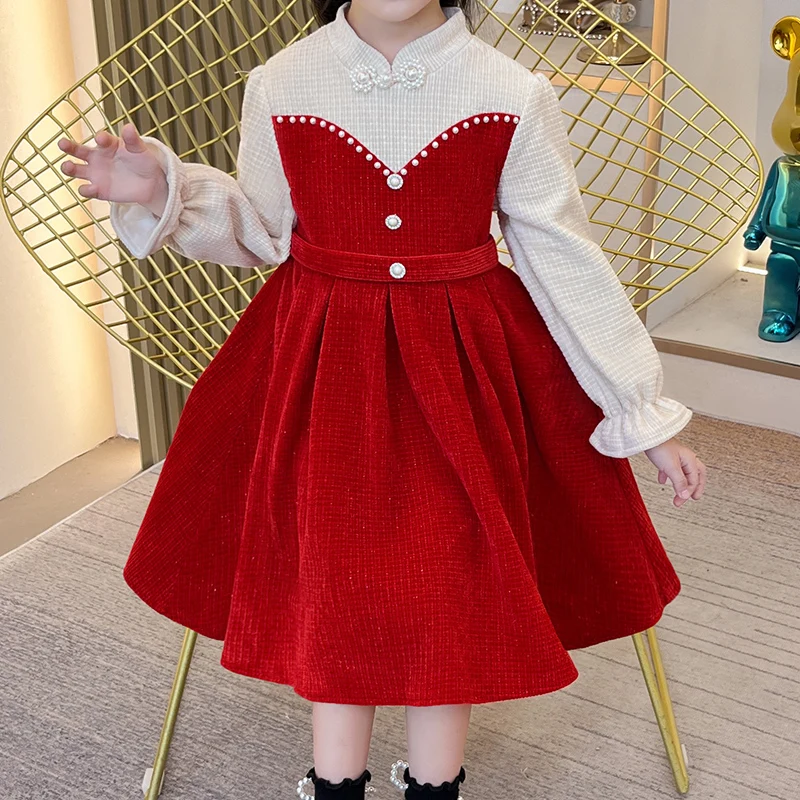 Girls Chinese elements disc buckle collar festive pompadour long-sleeved princess dress New Year performance #A716