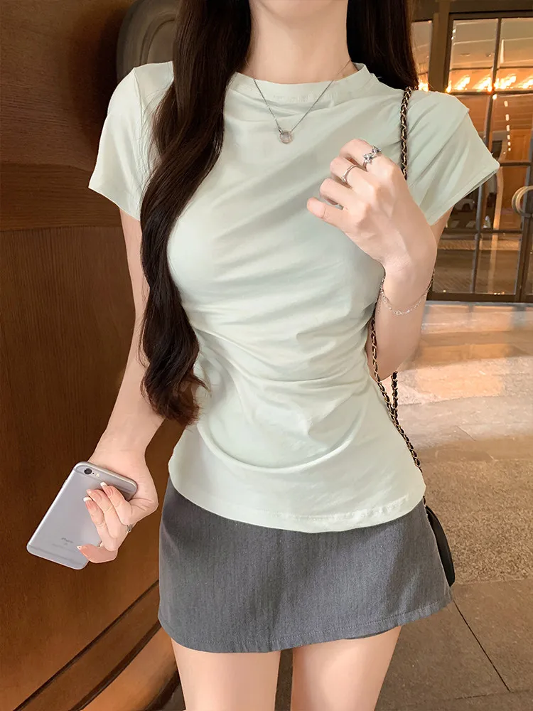 White Irregular T-Shirt Basic Summer Pleated Waist Short Sleeve Top Retro Women Pullover Tshirts Outerwears Clothes Vintage Tees