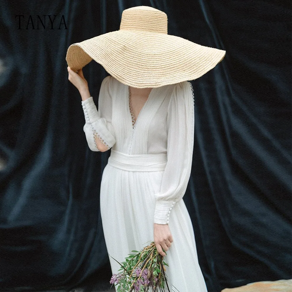 Vestido de novia de gasa con cuello en V profundo y mangas largas acampanadas, vestido de fiesta nupcial sencillo hasta el suelo, elegante G4827