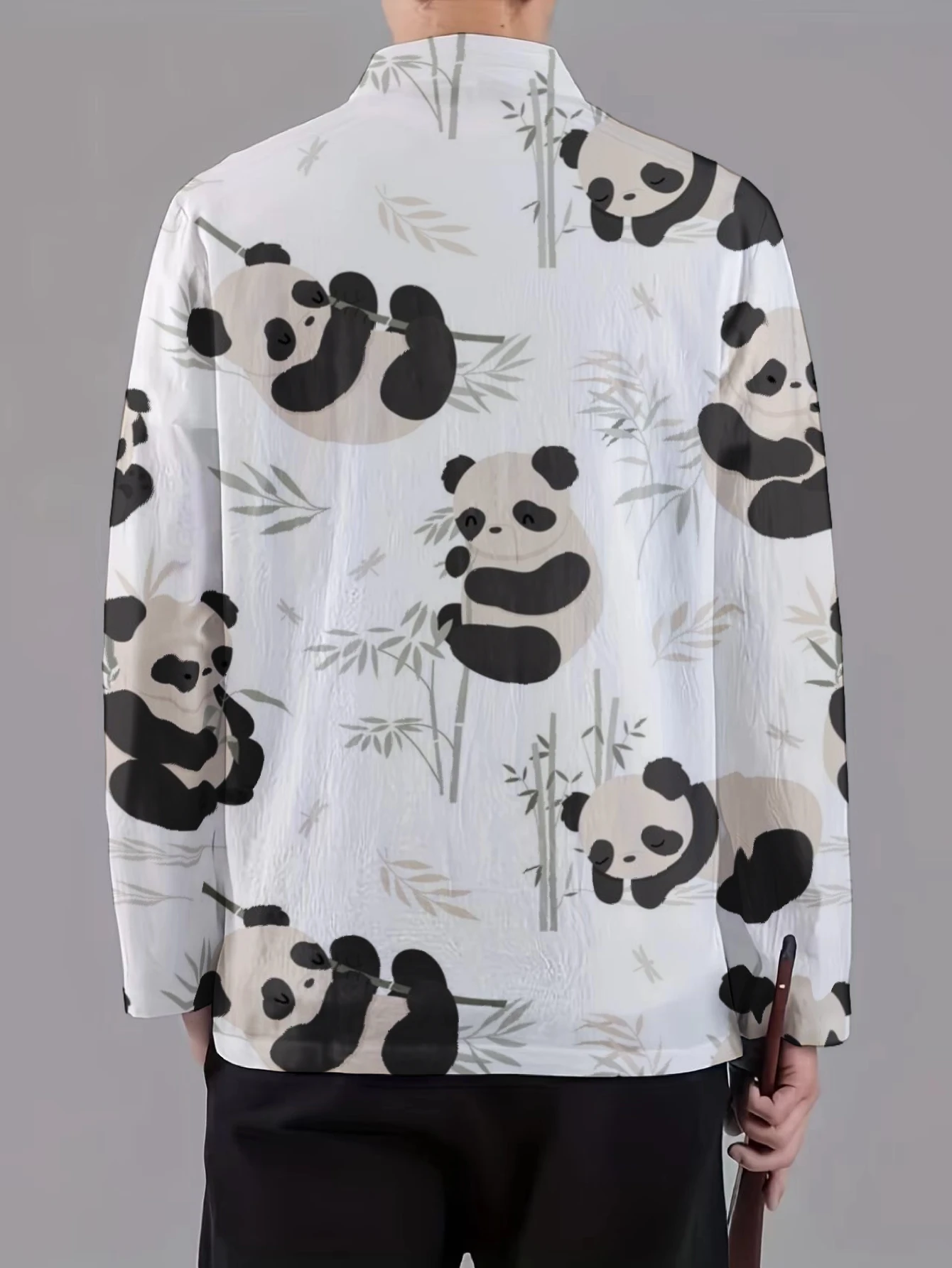 Men Mandarin Collar Frog Button Jacket Crane Panda Butterfly Ink Art Print Traditional Outerwear