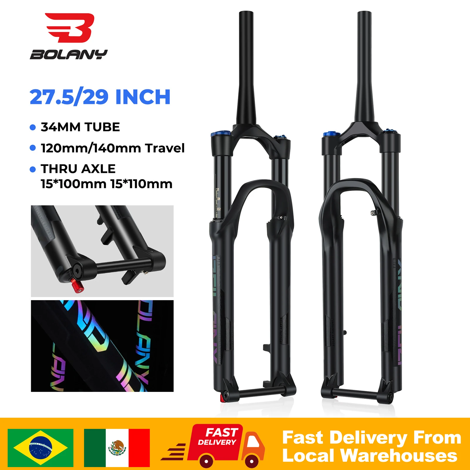 BOLANY MTB Air Fork Thru Axle Bicycle Fork with Rebound Adjustment Boost 29er Air Oil Front Suspension Mexico Brazil Warehouse