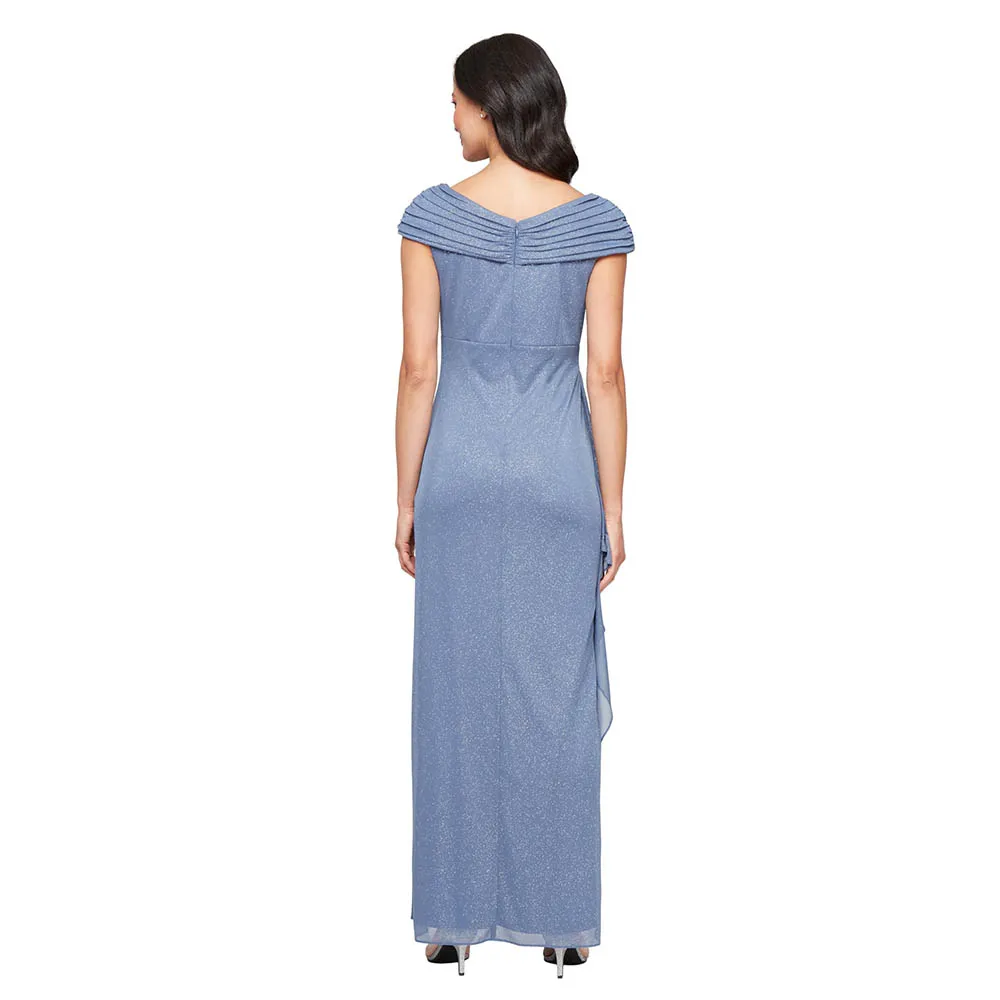 Customized Women's Long L-Neck Glitter Mesh Mother of the Bride Dress with Ruched Neckline Wedding Party Dresses