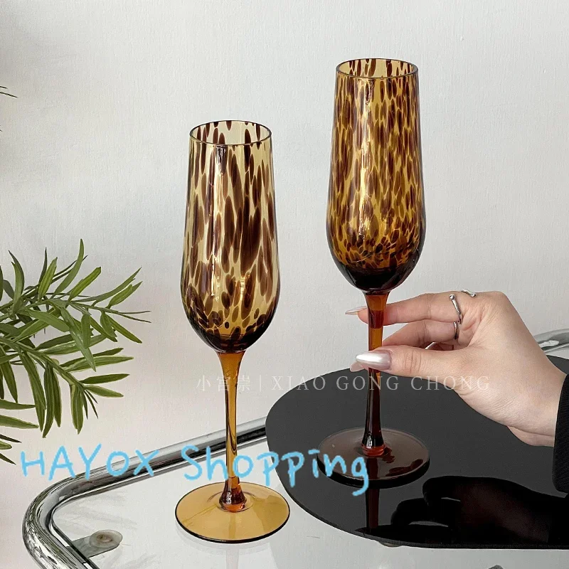 Vintage Amber Leopard Print Handmade Red Wine Glass Creative Crystal Goblet Art Apple Cup Whiskey Glass Cup Fine Wine Glasses