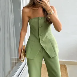 Ladies Sexy Strapless Button Top with Long Pants 2pc Set Elegant Temperament Slim Party Suit Fashion Sleeveless Straight Outfits