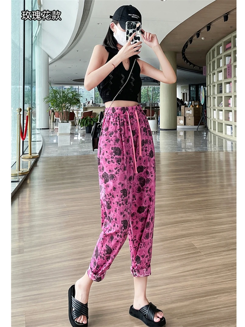 Women Casual Loose Cotton Sweatpants Fashion Vintage Print Drawstring Streetwear High Street Long Trousers Joggers Pants