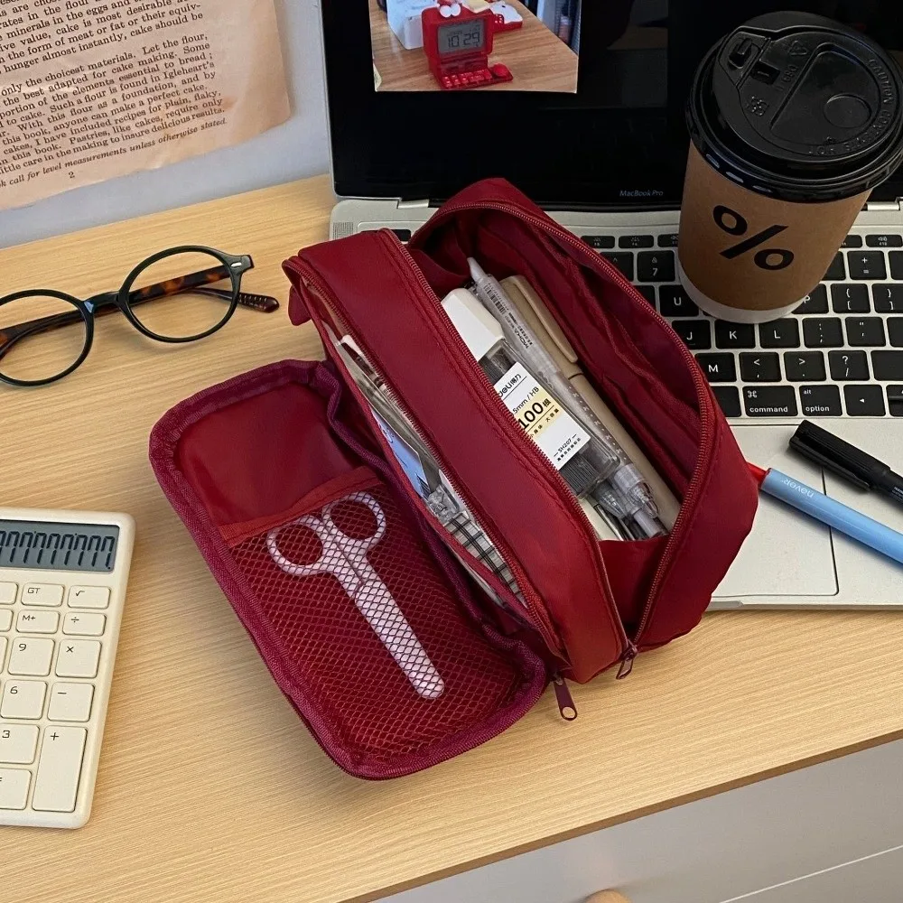 

Canvas Pen Bag ​​Multilayer ​​Large Capacity​​ Stationery Bag ​​Wine Red Desktop Storage Stationery Organizer