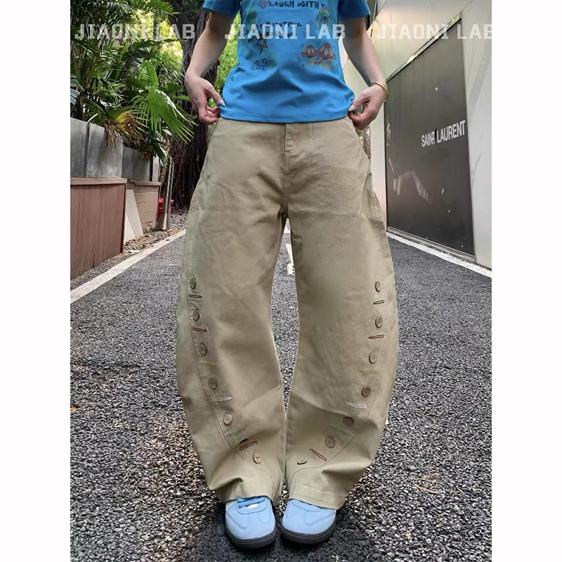 Frauen Khaki Y2k Wash Vintage Button Jeans 2025 Herbst Harajuku Baggy Breite Bein Denim Hosen Ästhetische 2000er Jahre Hosen Kleidung