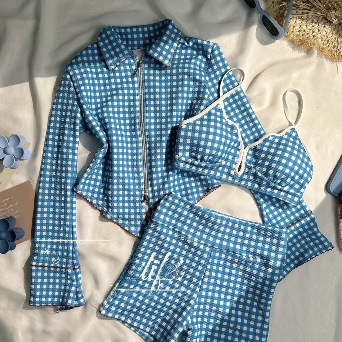 

Blue Plaid Long Sve Bikini Top Cover up Slimming High Waist Bot Separate Tee Piece Swimsuit Vintage Sle Swimming Suit