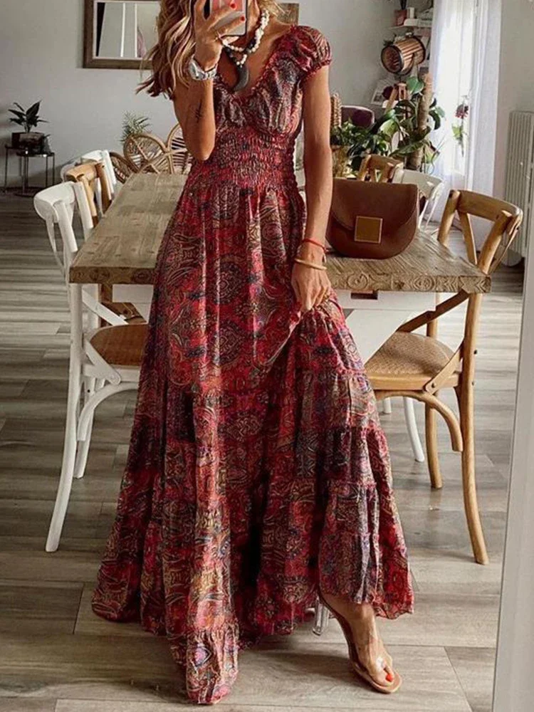 Women Summer Short Sleeve Loose Beach Dresses Retro Pattern Print Bohemian Long Dress Spring V Neck High Waist Maxi Cover Up