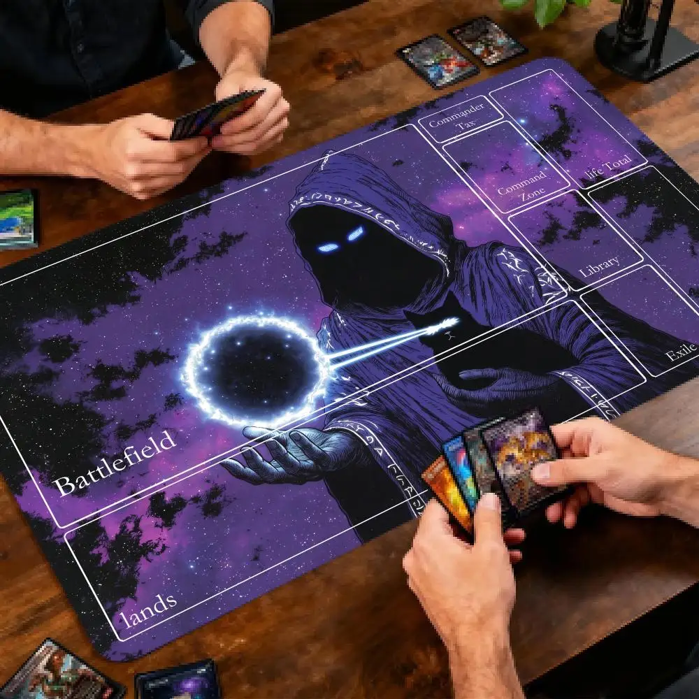Purple Galaxy Mystic Wizard with Black Cat TCG Playmat 350X600MM Magic Party MTG Card Game Desk Mat Non‑Slip Rubber Mouse Pad