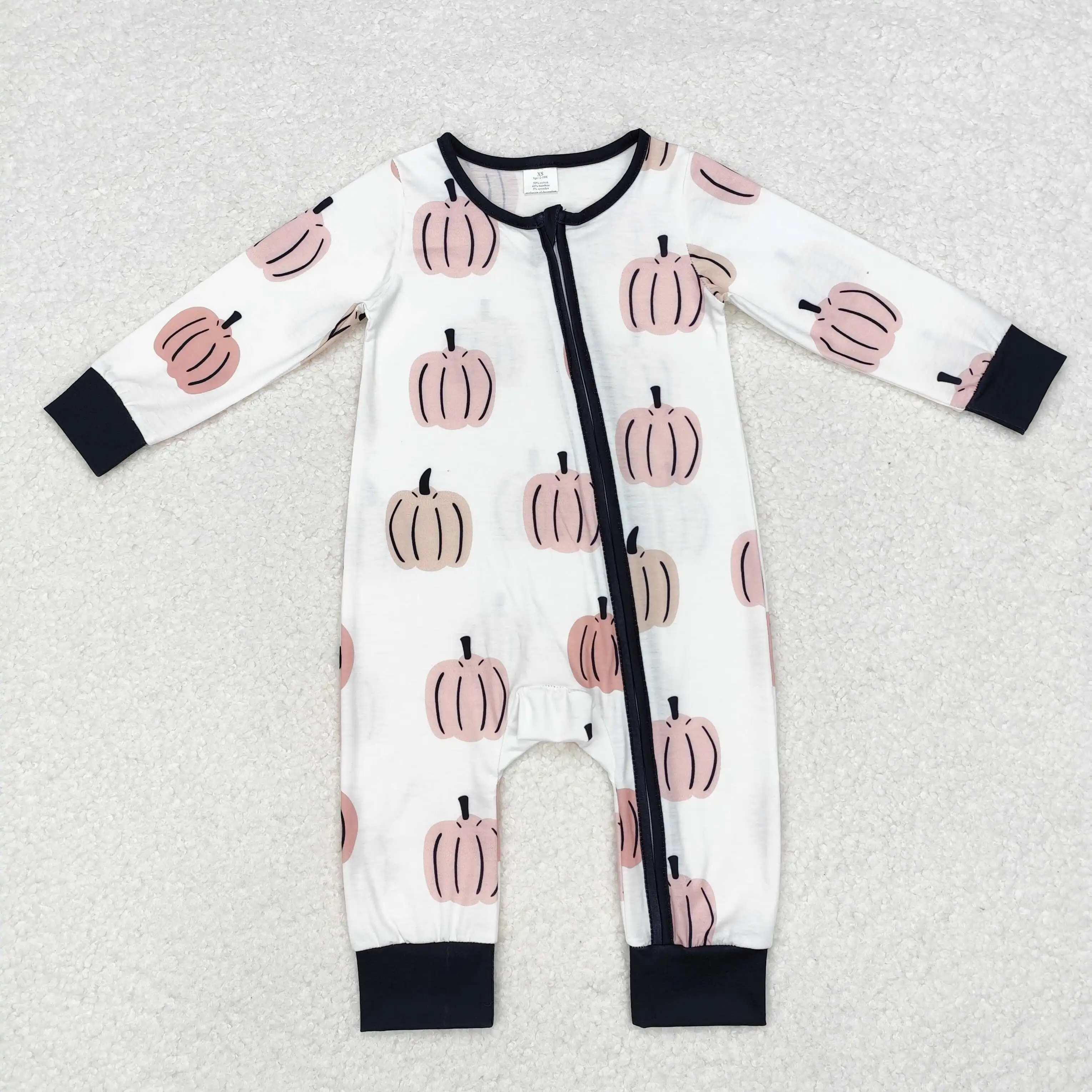 Infant baby boy fall pumpkin long sleeve bamboo zip romper wholesale kids boutique clothes factory price baby romper