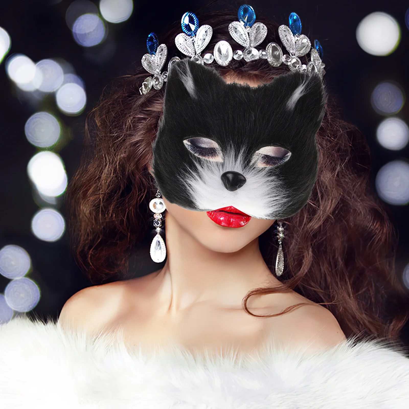 Maschere a mezza faccia Design animale Comodo leggero Halloween Cosplay Masquerade Maschera pelosa con orecchie Coda per adulti