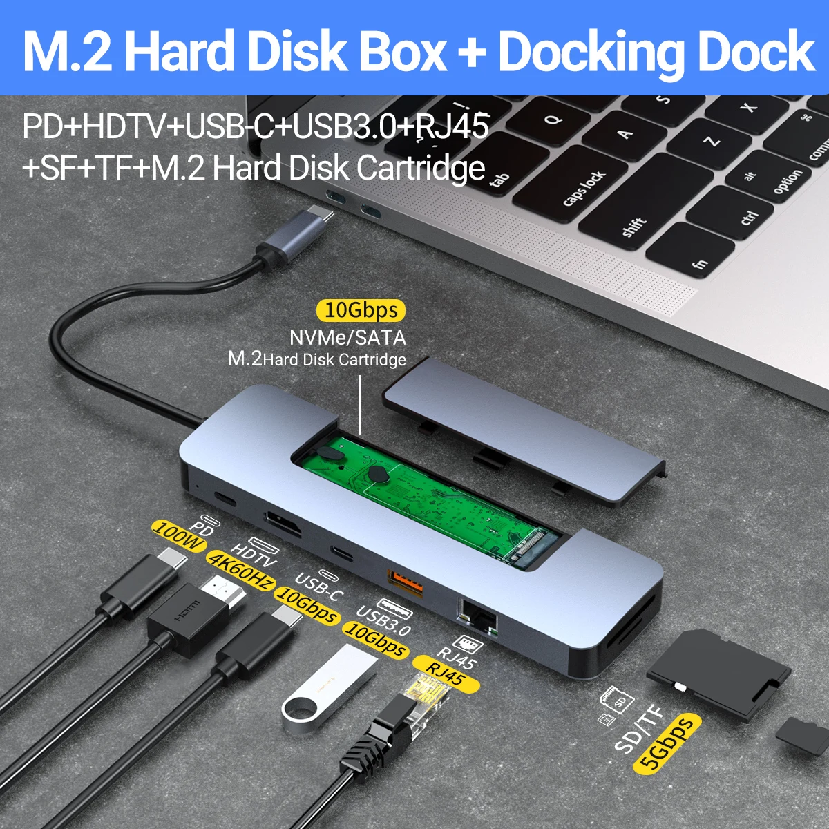 

8 в 1 USB C HUB и SSD M.2 NVME Type C Док-станция Многопортовый разветвитель-адаптер для Macbook, портативного компьютера, ПК, аксессуары