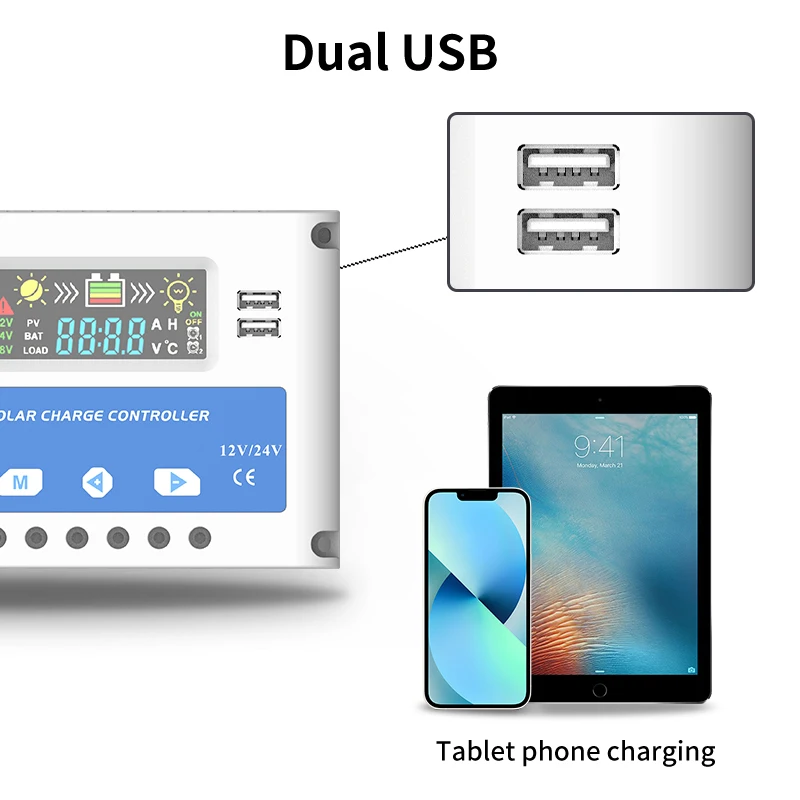 Anern 20A 30A 12V 24V PWM Solar Charging Controller 50V DC Solar Battery Charge Controller Double Dual USB Colorful Screen