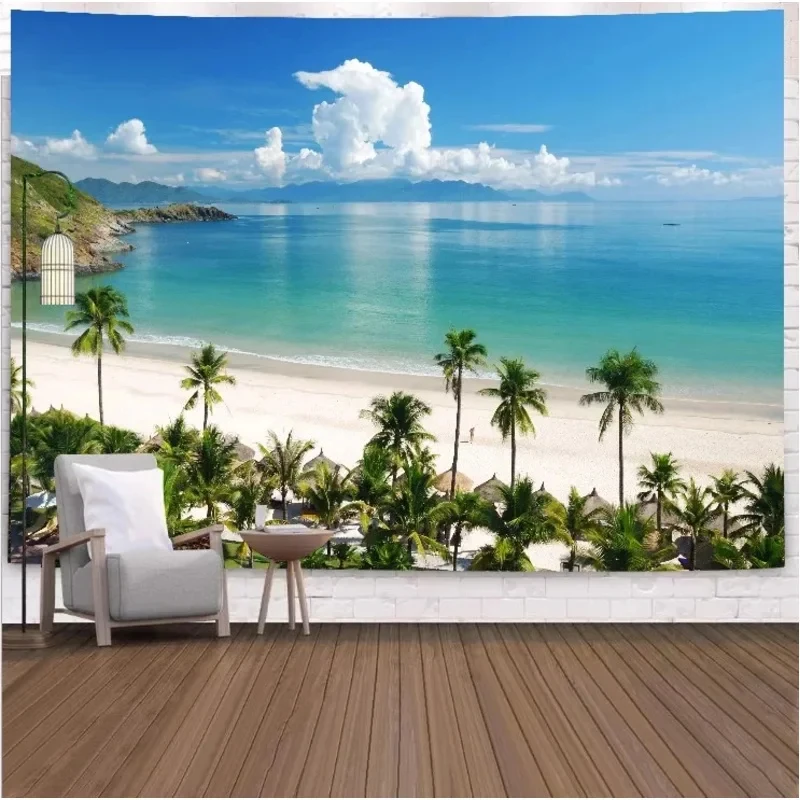 VIKAMA Tropical Beach Tapestry Ocean View with Palm Trees and Blue Sky Wall Hanging Decor for Bedroom Living Room