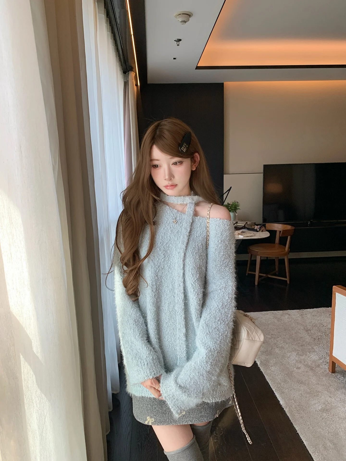 

Chen Dayau Sli Blue Knitted Sweater Women's Autumn Winter Thiened Loose Lazy oulder Bared oulder Warm Top