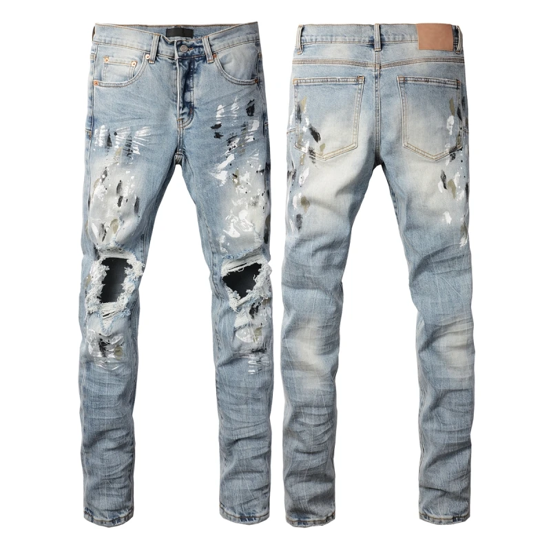 Pur jeans Men High street blue vintage 2024 new high quality repair low elevation brand skinny hold denim trousers pants