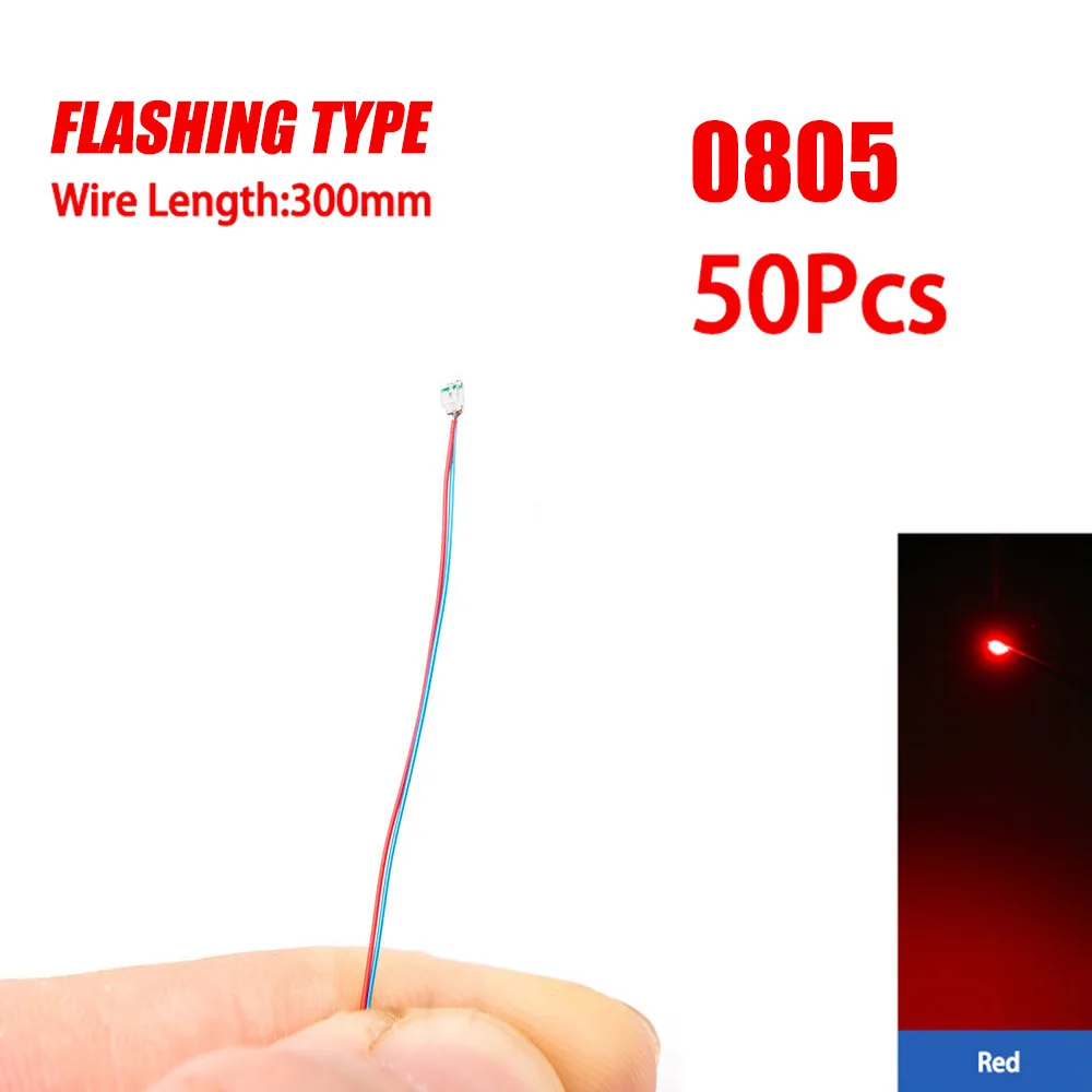 50 Stück 0805 blinkende LED-SMD-Lampe, verkabelt, Micro-Litz-LED, vorgelötet, Chip, verkabelt, 3 V, Eisenbahnmodell, Spielzeug, Licht, DIY-Leitungen, Drähte, 30 cm