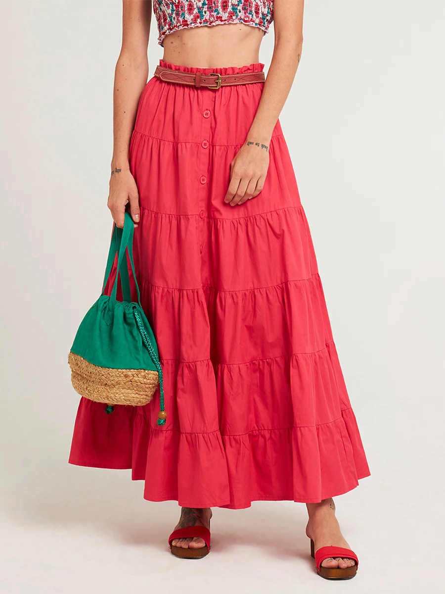 Damskie długie spódnice Maxi Casual Solid Color Elastic Waist A-Line Spódnice Loose Pleated Swing Boho Summer Beach Skirts