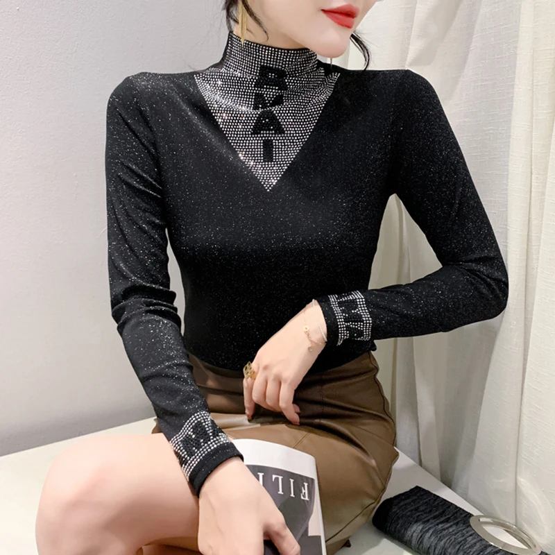 2024 European Station Long Sleeve Women Tees Autumn Winter New Stand collar Hot Diamond T Shirt Fashion Slim Mesh Tops