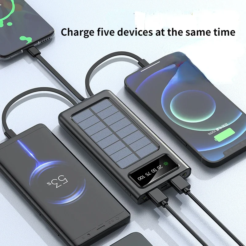 2025 New 50000mAh Large Capacity Solar Power Bank Built-in Cable Outdoor Solar Charger with LED Light Super Fast Charging