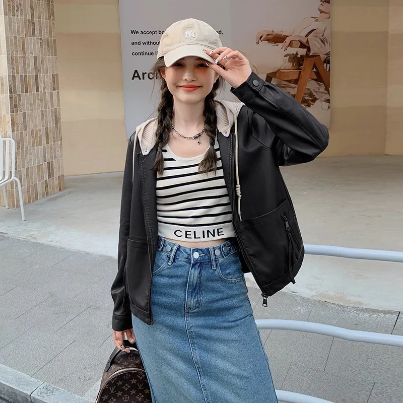 Short Style Trendy Slim Fit Fashionable Versatile Casual Hooded Women's Leather Jacket