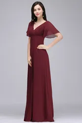 Elegant Burgundy Chiffon Evening Dresses V Neck Ruffles Ruched Formal Party Prom Gowns Blue Vestido De Fiesta Wedding Bridesmaid