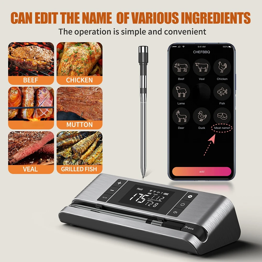 ميزان حرارة اللحوم اللاسلكي الذكي بتقنية البلوتوث - ميزان حرارة اللحوم الرقمي الذكي اللاسلكي للشوي والشواء والفرن والمقلاة الهوائية،