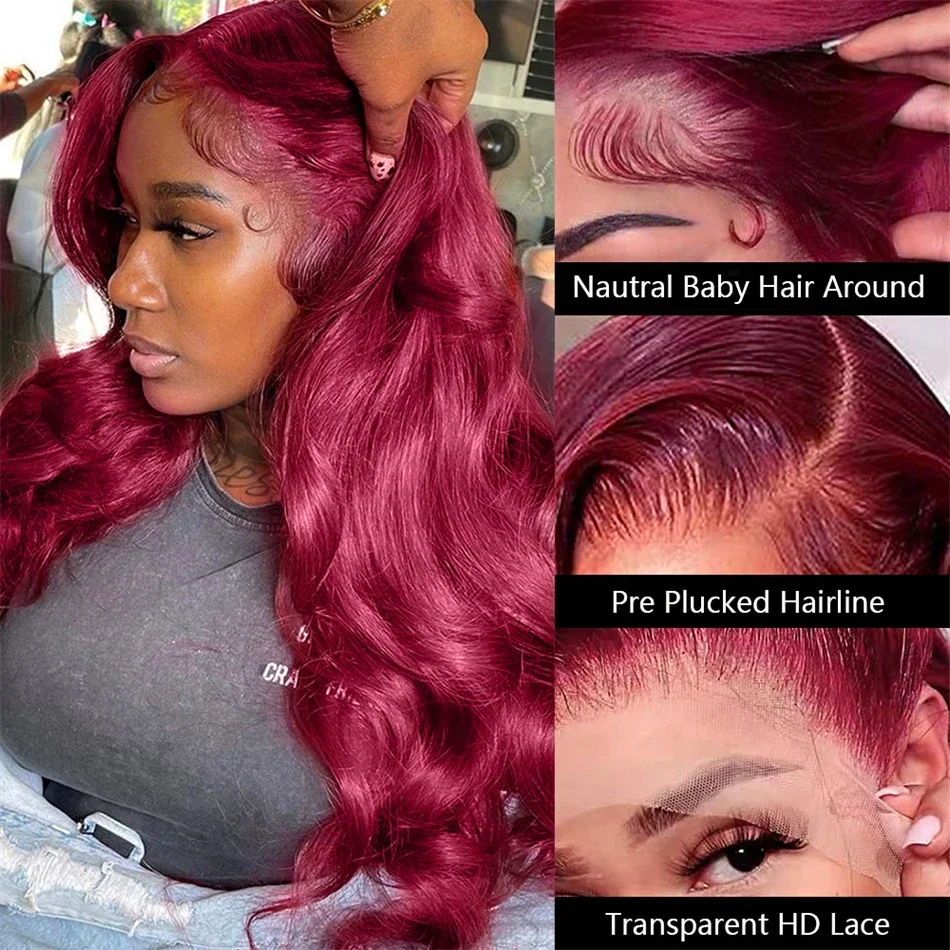 99J Burgundy 13x4 HD Transparent Lace Frontal Wig Body Wave Red Colored Human Hair Wigs 13x6 Hd Lace Front Wig 220% 30 32 36Inch