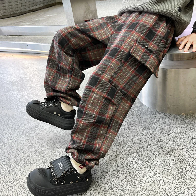 Child Winter Plaid Cargo Thermal Pants With Pocket for Teenage Boy Loose Casual Insulated Trousers Kids Fleece-Lined Sweatpants image 2