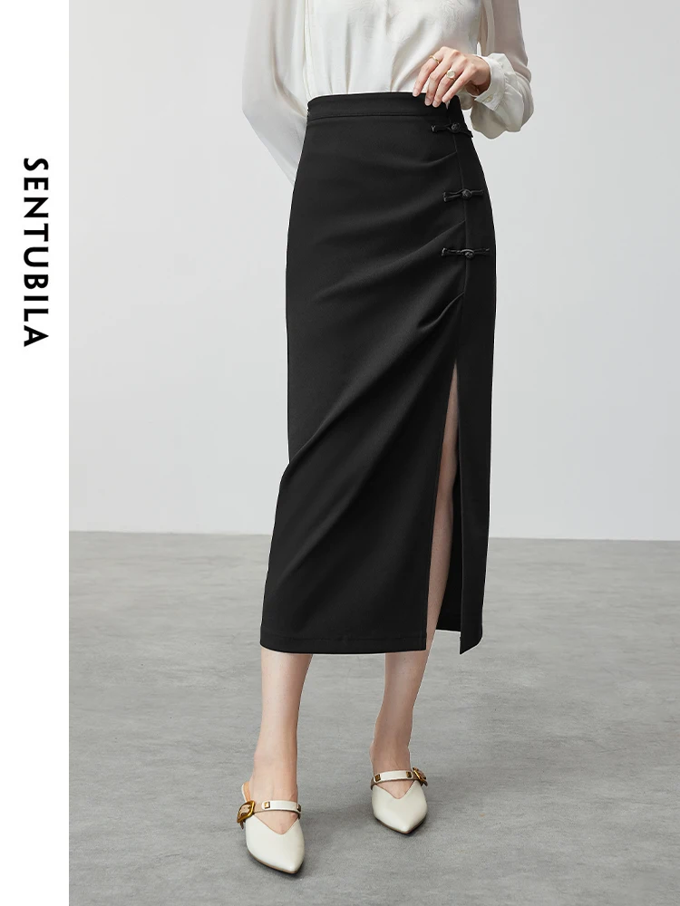 

SENTUBILA Women Chines Style Slim Black Skirt 2024 Autumn Straight High Waist Slit-hem Elegant Long Skirts 143Q55865