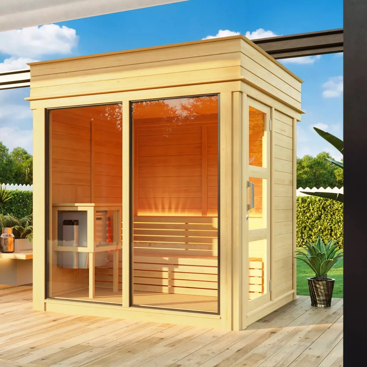 Red cedar outdoor cube smart sauna with heater