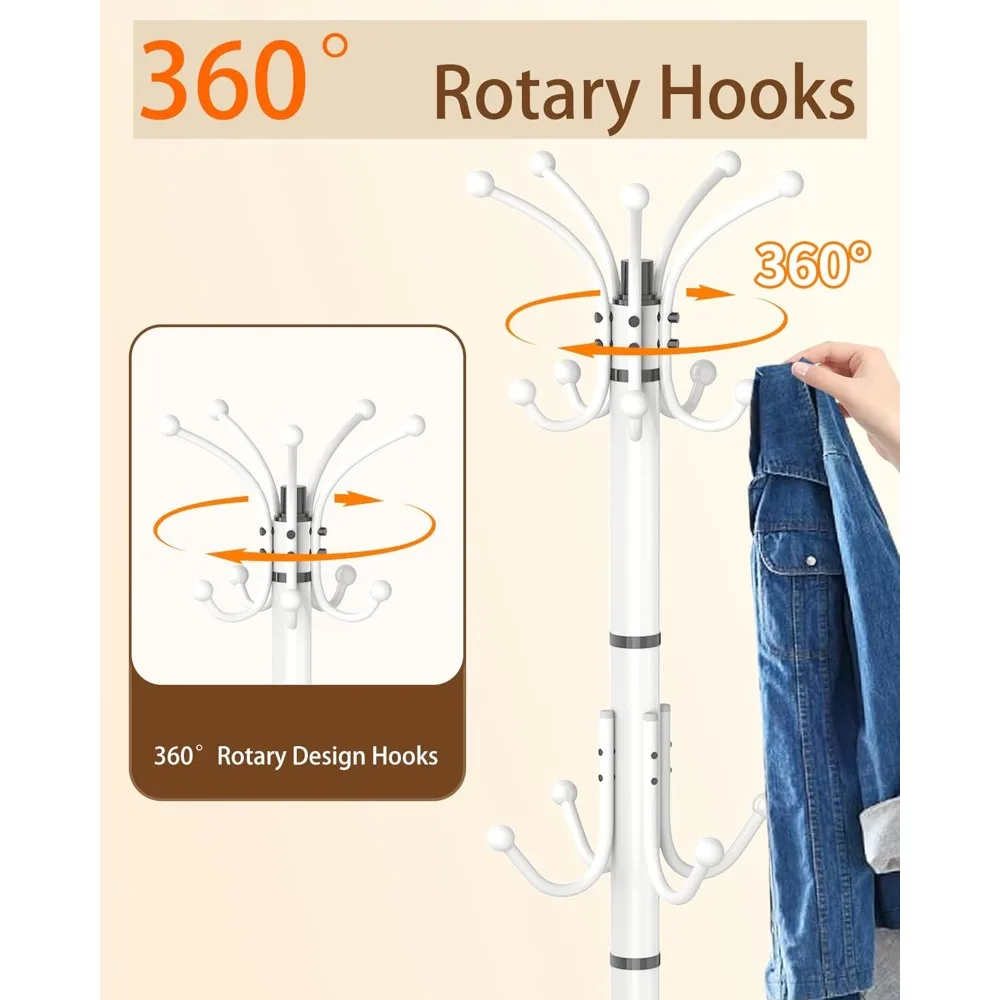 360 °   رف معطف معدني دوار بقاعدة من الرخام الطبيعي، ورف معطف أبيض قائم بذاته وخطافات، وتصميم حديث لمدخل المنزل