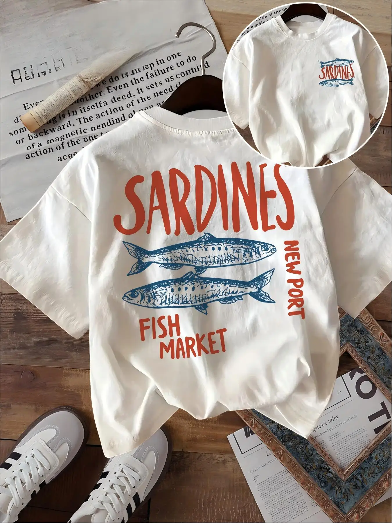 Sardines Fish Market T Shirt Funny New Port Graphic Double Sided Print Unisex Harajuku Aesthetic Loose Short Sleeve Summer Tops