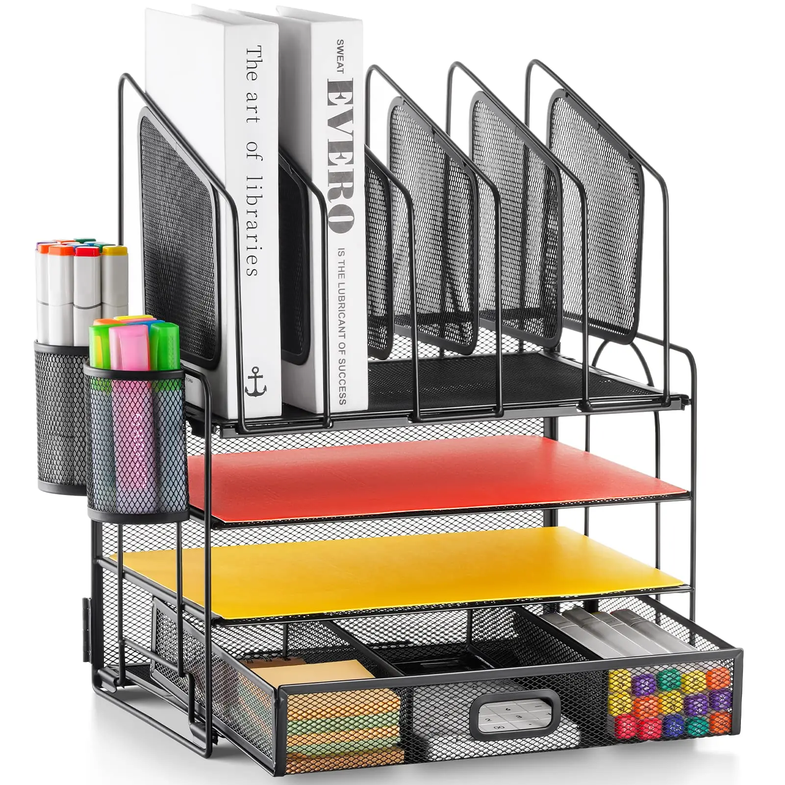 Desk File Storage Rack with Drawer and 2 Pen Holders 4-layer Detachable Top Vertical File Holder Metal Mesh Desk Organizer